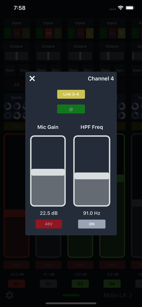 X Air Controller app channel 4 settings showing mic gain and high pass filter controls