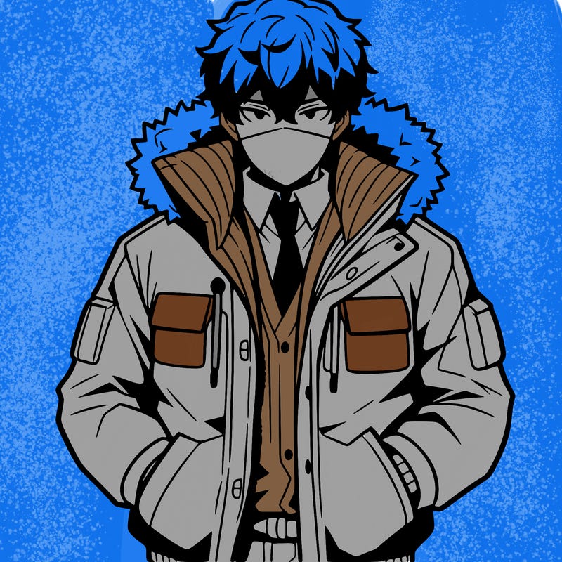 anime male, with big jacket, hands in his pockets