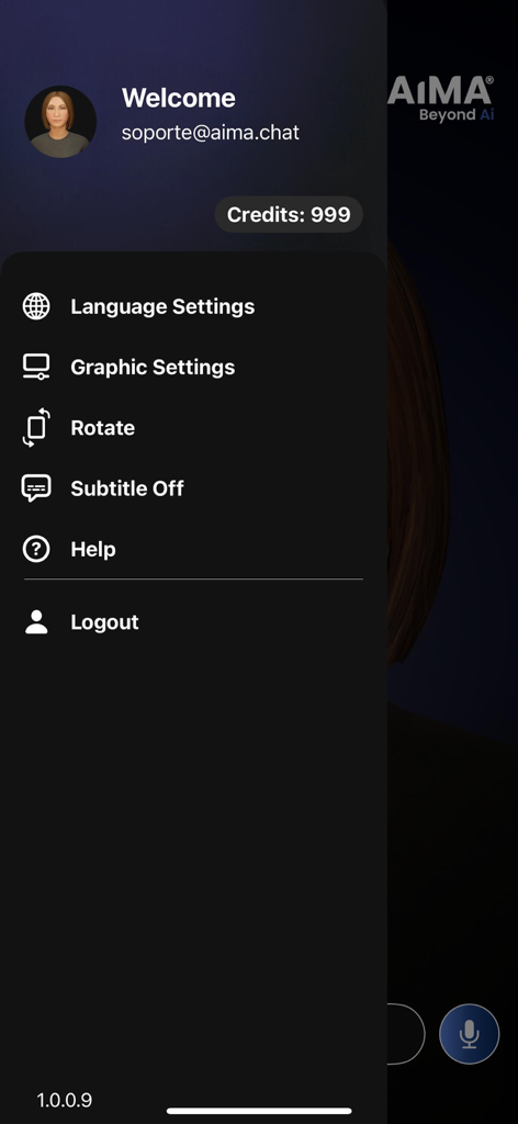 Menú de configuración de la aplicación móvil AiMA Beyond Ai que muestra el perfil del usuario y las preferencias de idioma