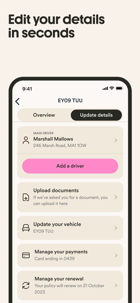 Marshmallow Insurance - Interfaccia dell'app mobile Marshmallow Insurance per la gestione dei dettagli della polizza assicurativa auto, inclusa l'aggiunta di conducenti e l'aggiornamento delle informazioni sul veicolo