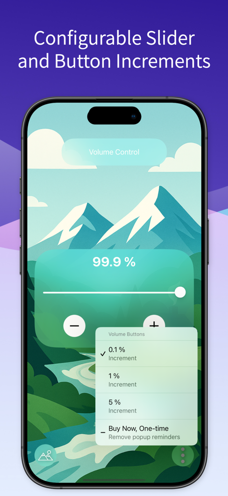 Volume Control - 정밀한 볼륨 슬라이더 및 증분 설정을 표시하는 볼륨 제어 앱 인터페이스