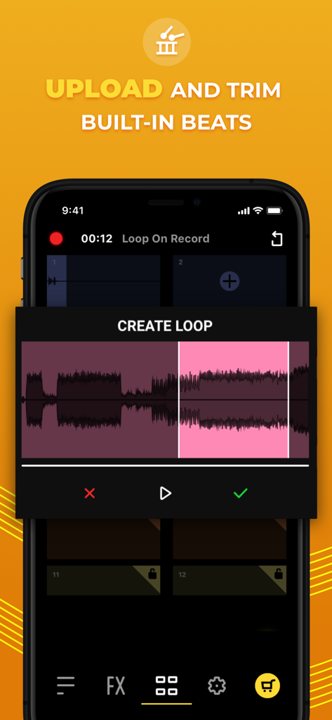 Loop ON-Looper & Jam Recorder - Interfaz de la aplicación Loop ON mostrando un editor de formas de onda para subir y recortar ritmos de audio