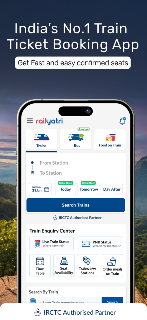 Interfaz de la aplicación RailYatri para reservar boletos de tren en la India y consultar el estado del PNR