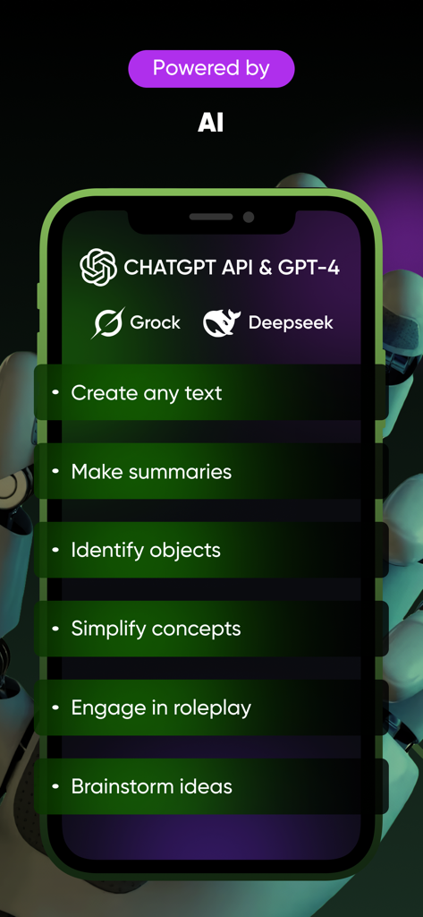 Chat Genius- Ask AI ChatBot - GPT-4とDeepseekを搭載したAI機能のリストを表示するChat Geniusアプリのインターフェース