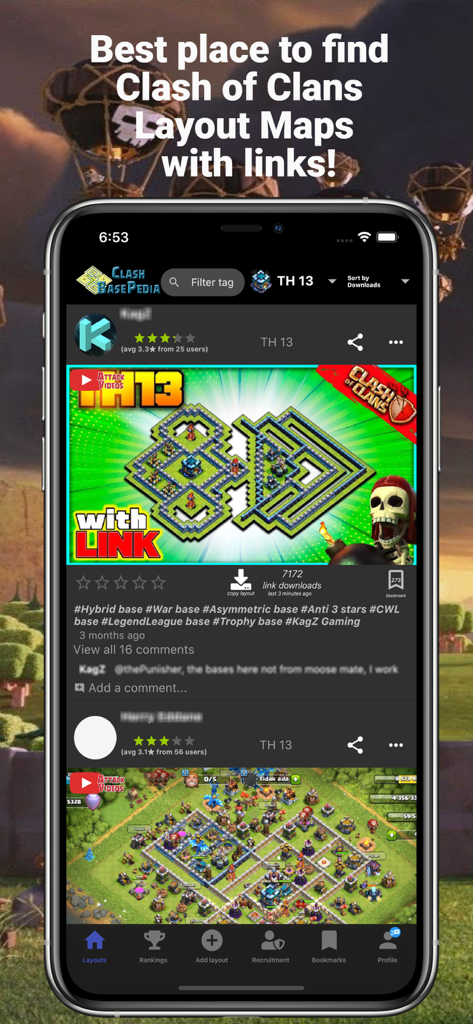 BasePedia for Clash of Clans - BasePedia app interface showing Clash of Clans base layouts and Town Hall 13 designs with copy links