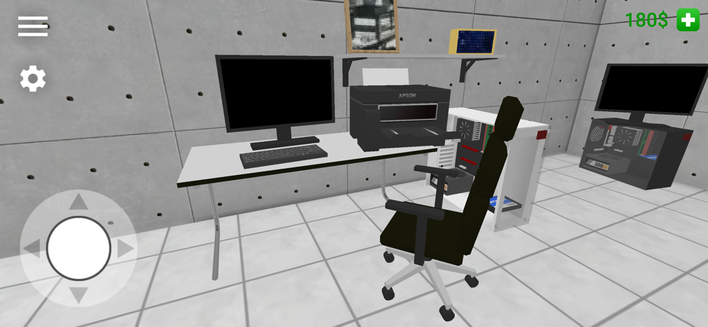 Vista en primera persona de un escritorio de computadora con un monitor, impresora y caja de PC en PC Simulator