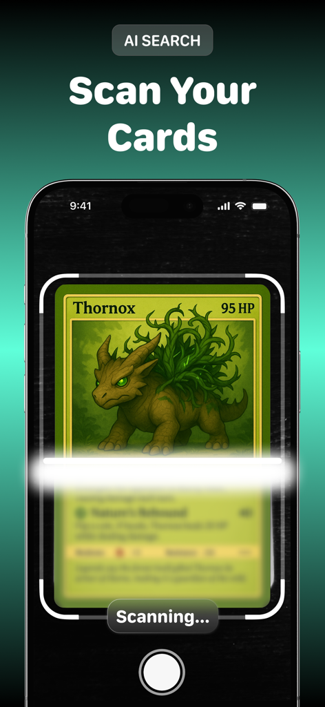 Pricedex 카드 가치 스캐너 앱으로 트레이딩 카드를 스캔하는 스마트폰.