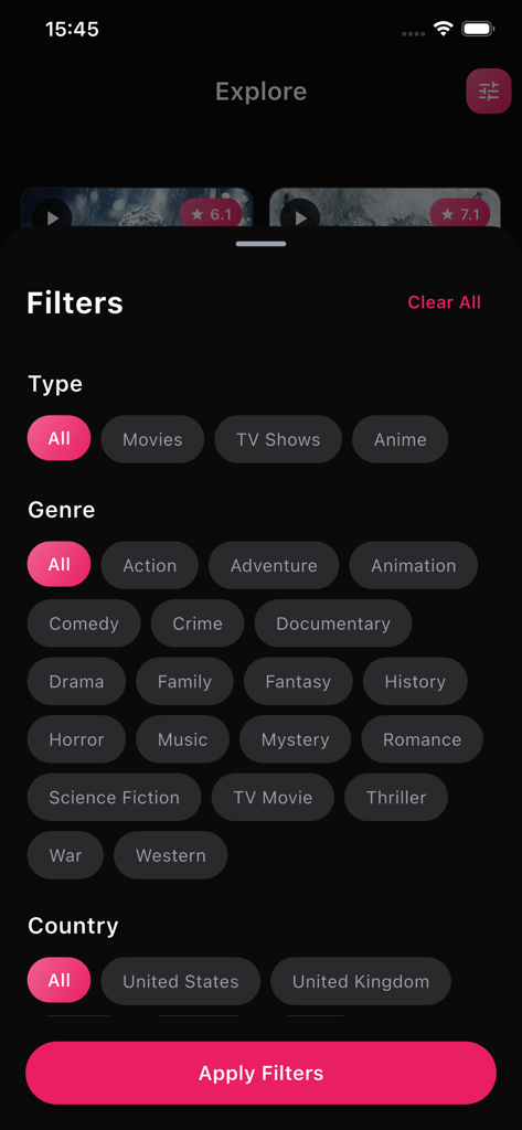 Hi Tv : Ai Explore for Movies - A screenshot of the Hi Tv app showing the filters interface with categories for content type genre and country