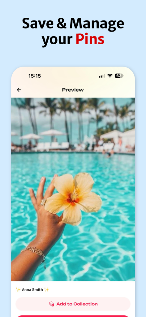 PinSaver :  Video Saver - Interfaccia dell'app PinSaver che mostra l'anteprima di un pin tropicale con un'opzione per aggiungerlo a una raccolta