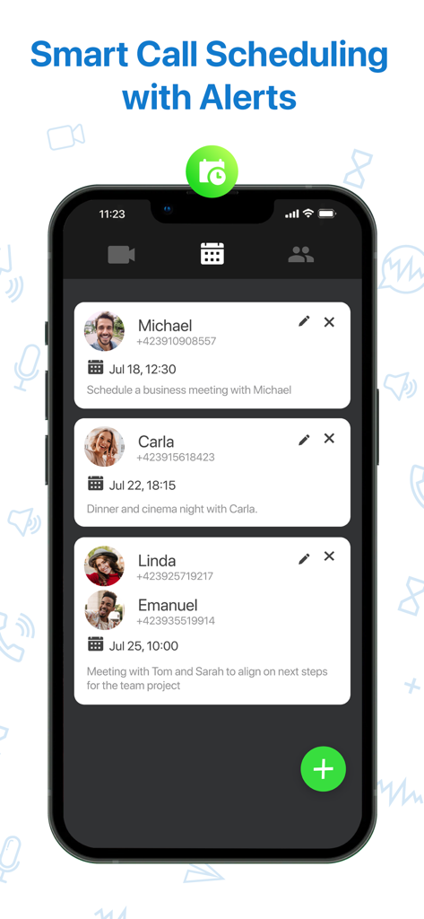 Video Call & Chat LinkLive - Smartphone-Bildschirm mit geplanten Videoanrufen mit Kontakt namen und Zeiten in der LinkLive-App