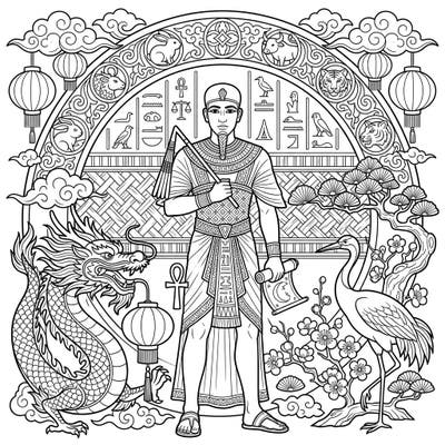 Dive into an extraordinary cultural fusion with this coloring page featuring an ancient Egyptian Vizier surrounded by vibrant Lunar New Year symbols. Discover intricate details from majestic dragons and delicate lanterns to ancient hieroglyphs, promising a unique artistic journey.