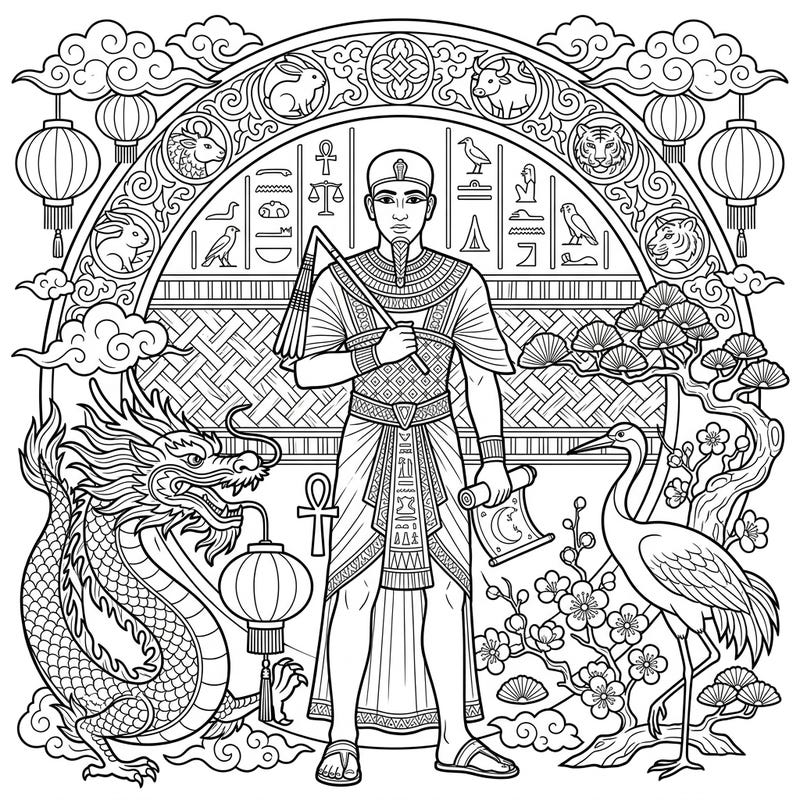 Dive into an extraordinary cultural fusion with this coloring page featuring an ancient Egyptian Vizier surrounded by vibrant Lunar New Year symbols. Discover intricate details from majestic dragons and delicate lanterns to ancient hieroglyphs, promising a unique artistic journey.