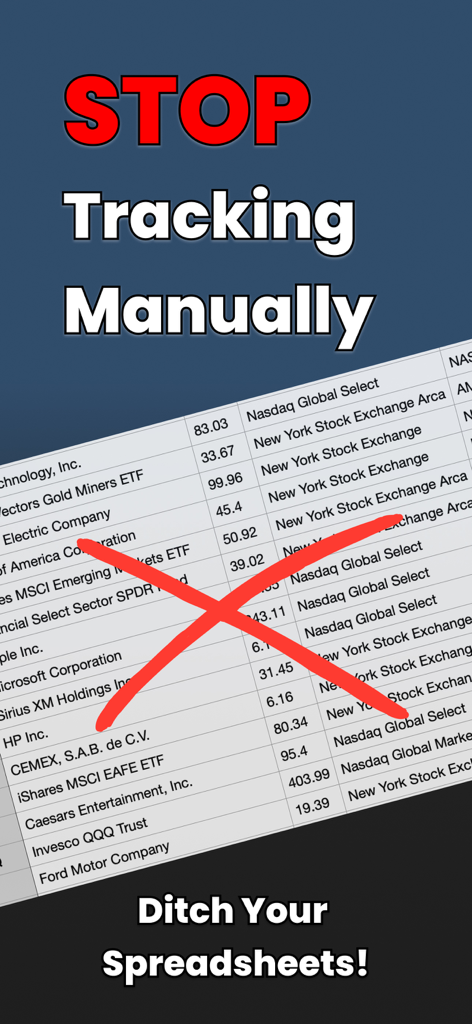 Portfolio Tracker: Finance Bay - Gráfico de marketing incentivando investidores a parar de rastrear manualmente e abandonar planilhas