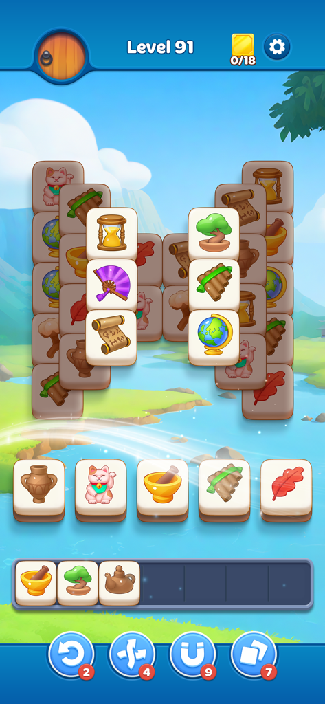 Zen Match - Relaxing Puzzle - Una pantalla del juego de rompecabezas de combinación de fichas Zen Match mostrando rompecabezas de mahjong y un sereno fondo de naturaleza