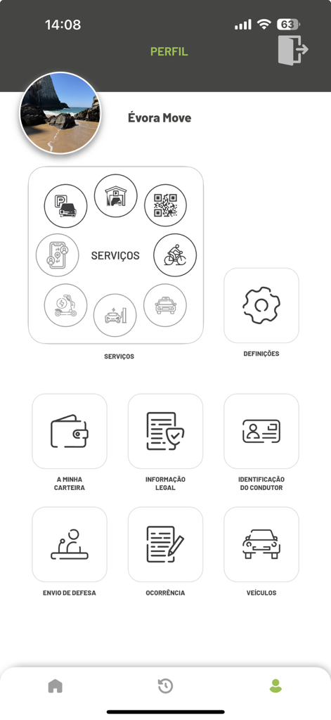 Évora Mobilidade - Panel de perfil de usuario y servicios de movilidad de la aplicación Evora Mobilidade
