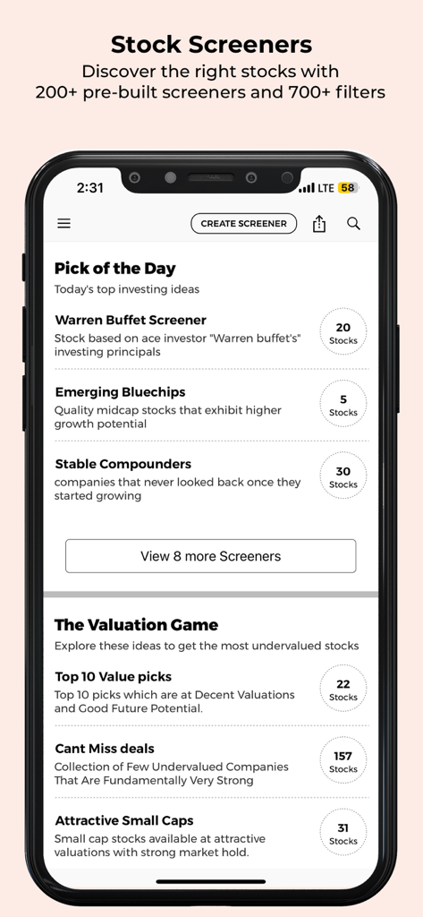ET Markets mobile app interface showing pre-built stock screeners and investment picks