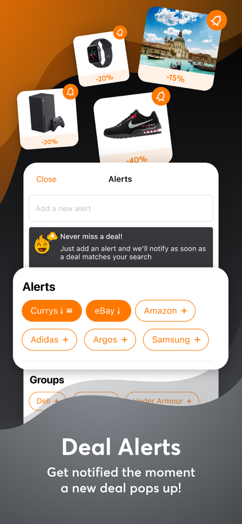 hotukdeals - Deals & Discounts - Interfaz de la aplicación hotukdeals que muestra la función de Alertas de Ofertas para rastrear descuentos de minoristas como Amazon y eBay
