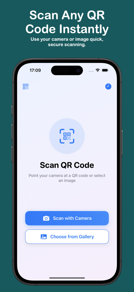 qr code reader & scanner + - Tela principal de um aplicativo leitor de código QR com botões de digitalização da câmera e da galeria.