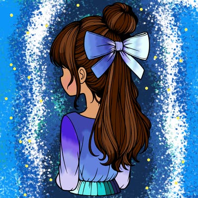 realistic girl  with hip length hair a bun and a big bow on the back of head