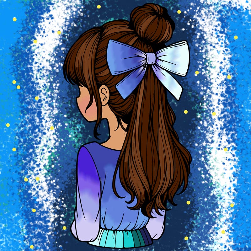 realistic girl  with hip length hair a bun and a big bow on the back of head