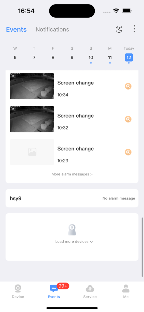 HonestView - Security camera event list in HonestView app showing motion detection alerts and timestamps.
