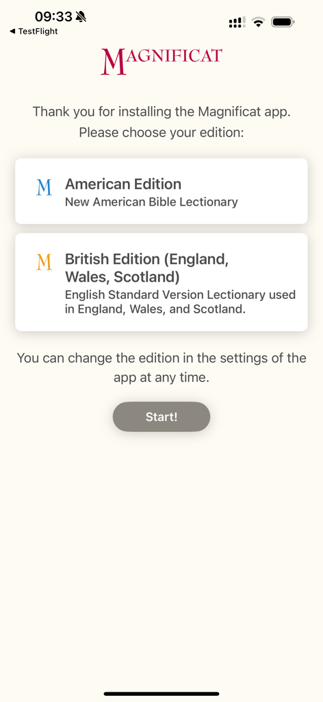 La pantalla de configuración inicial de la aplicación Magnificat que ofrece una opción entre ediciones de inglés americano y británico.