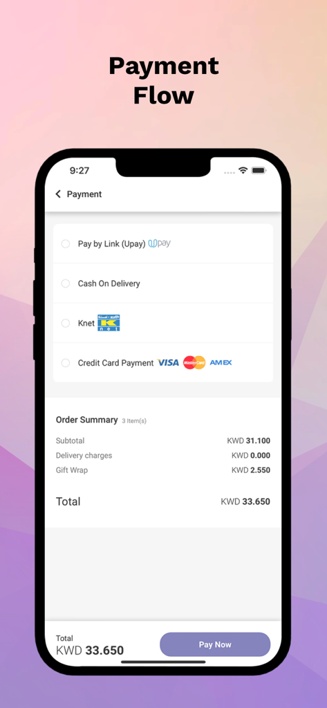 Mobile app screen showing payment flow with options for Knet, Credit Card, and Cash on Delivery for a toy purchase.