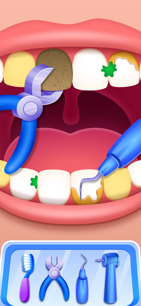 Dentist Baby Games for Kids - Juego de dentista de dibujos animados que muestra herramientas para eliminar la placa y tratar los dientes en un juego para niños