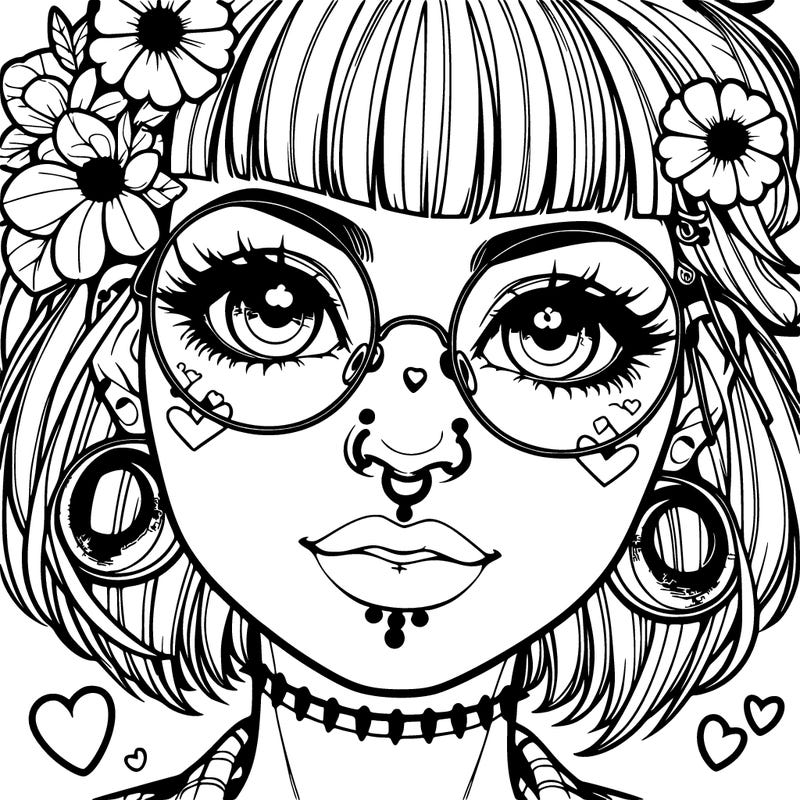 close-up portrait of a femme woman with a nose ring, punk hair, glasses, wide eyes, hearts, anime, flowers in hair