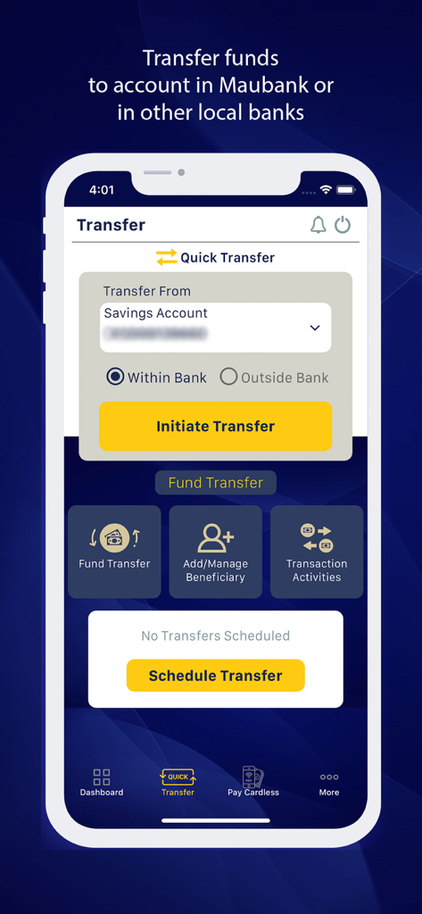 MauBank WithMe app screen for transferring funds within the bank or to other local banks