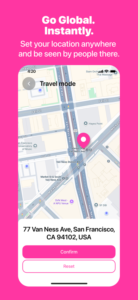 Bebs: Social Discovery & Chat - Bebs app travel mode screen showing a map interface to set a global location and connect with people anywhere.
