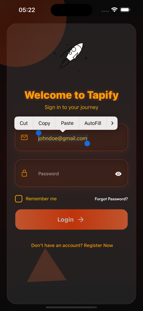Tela de login para o aplicativo de estilo de vida Tapify mostrando campos de entrada de e-mail e senha