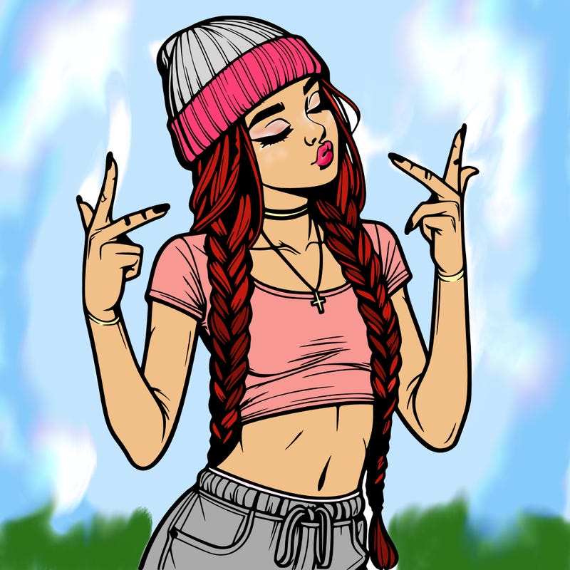 realistic teenage girl with braids and a beanie and crop top doing 🫶🏼