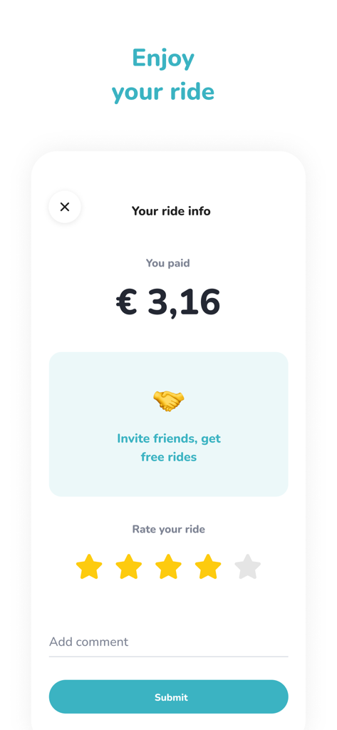 ISLA RIDE - Isla Ride app screen showing a ride summary with payment info, a referral program offer, and a star rating system