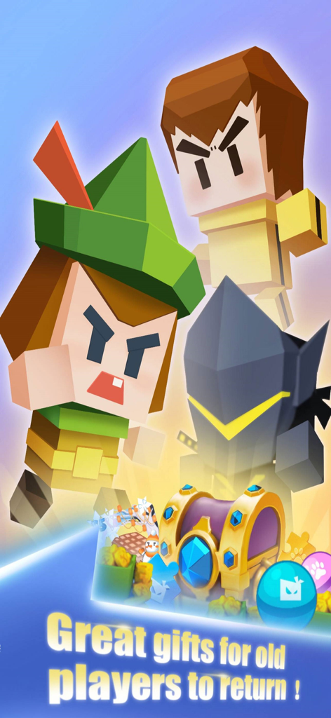 Pixel characters from Arrow.io standing above a golden treasure chest with rewards for returning players