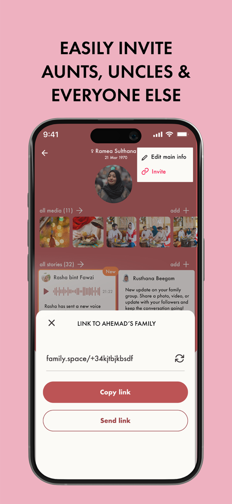 Famtree app screen showing a popup to copy and send a family invitation link.