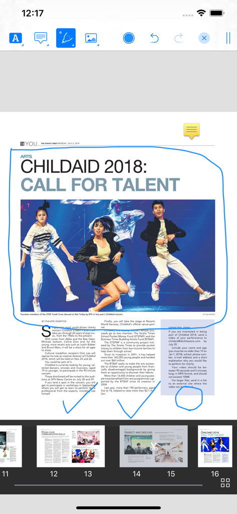 The Straits Times IN - The Straits Times IN app displaying an annotated news article about a talent call