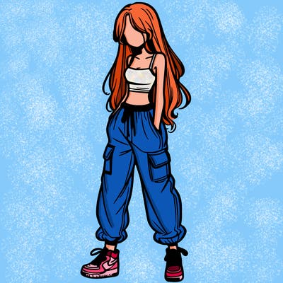 girl in baggy pants crop top and long hair