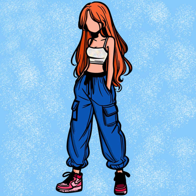 girl in baggy pants crop top and long hair