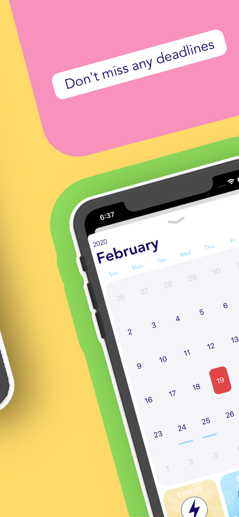 Calendar view showing bill deadlines and upcoming payments in the My Home Bills expense tracker app