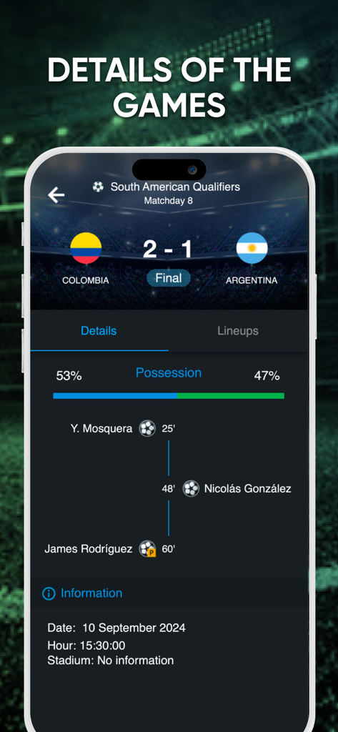 South American Qualifiers - Captura de pantalla de la aplicación Eliminatorias Sudamericanas que muestra detalles del partido y estadísticas de un juego entre Colombia y Argentina.