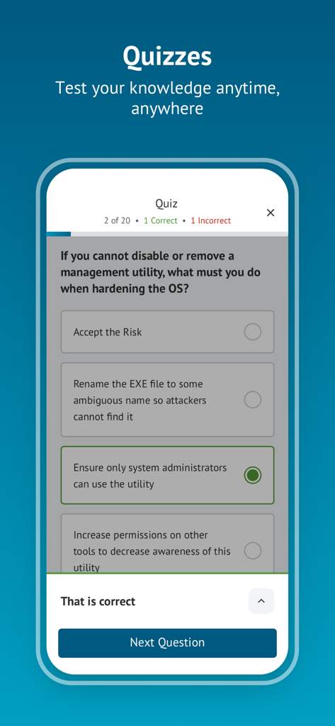 SANS OnDemand - Cybersecurity quiz screen in SANS OnDemand app showing a multiple choice question about OS hardening and a correct answer confirmation.