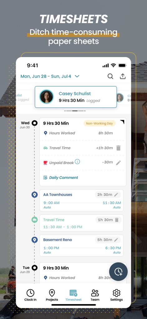 ConstructionClock Time Tracker - Mobile app interface showing detailed daily construction timesheets with work and travel time logs