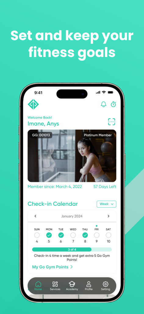 Go Gym Cambodia - Go Gym Cambodia app interface showing a fitness check in calendar and member goals