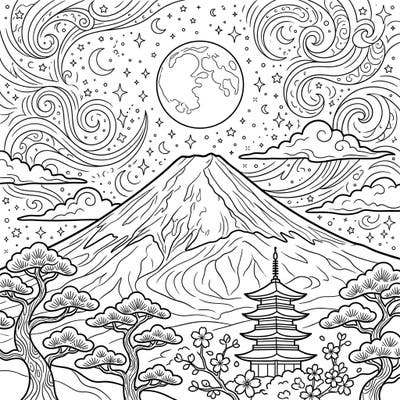 Journey to Japan with this exquisite Mount Fuji coloring page, capturing the iconic peak bathed in the glow of a full moon and twinkling stars. Explore a serene night scene featuring traditional pagodas and blossoming cherry trees, ready for your creative touch.