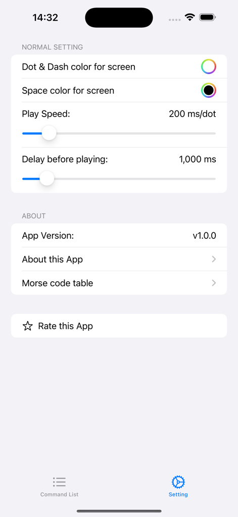 Morse Code Light - Settings interface for the Morse Code Light app featuring speed and color adjustments