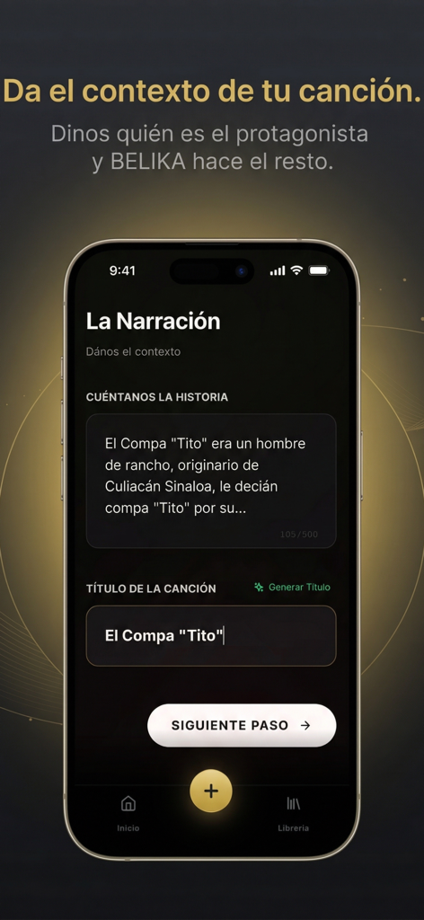Interface de l'application mobile Belika montrant des champs pour entrer une histoire et un titre pour générer un corrido IA.