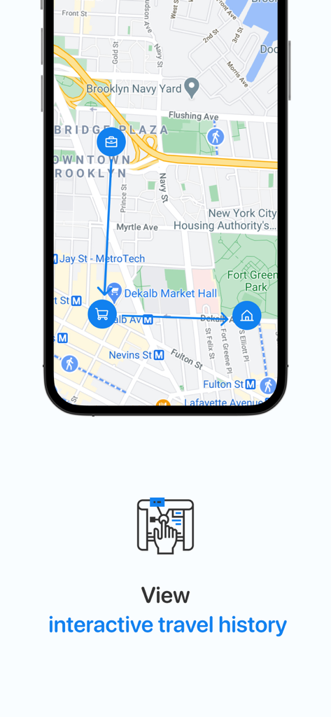 Trackimo + - Map view showing interactive travel history with location markers in the Trackimo plus app