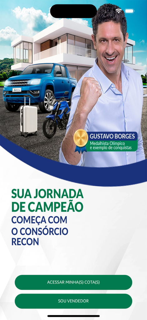 Meu Consórcio Recon - Welcome screen of the Meu Consorcio Recon app featuring Olympic medalist Gustavo Borges and images of a house and vehicles