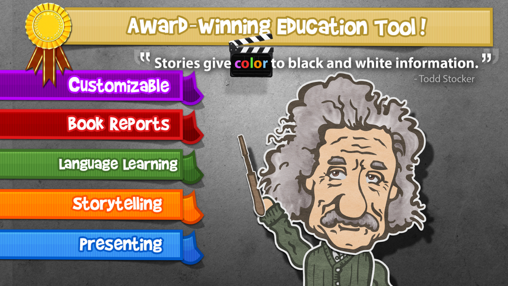Puppet Pals 2: School Edition - Puppet Pals 2 School Edition app screen showing educational features like storytelling and book reports with a cartoon Albert Einstein puppet